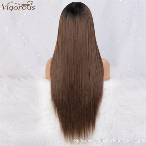 Vigorous Ombre Black Roots To Brown Middle Part Long Silky Straight Wig With Bangs Lace Front Synthetic Hair Wig